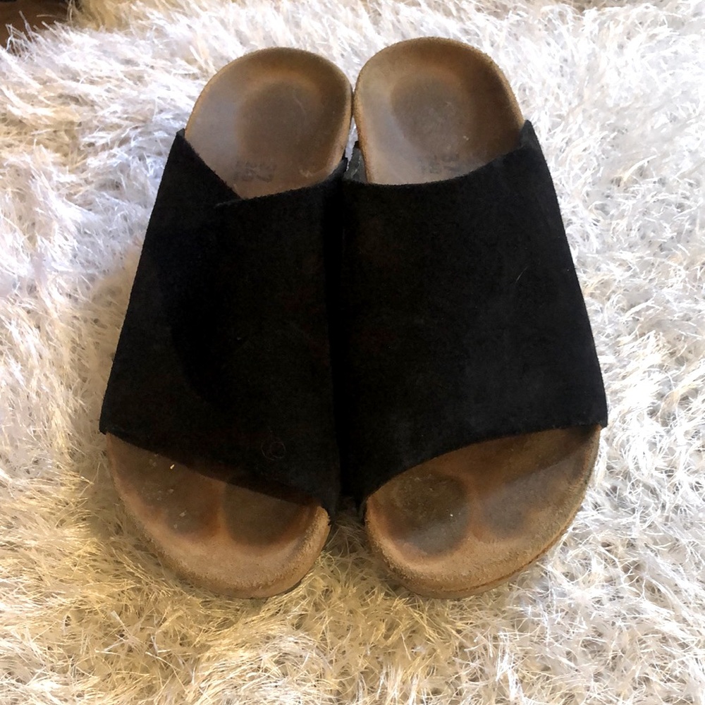 Papillio Black Suede Open-Toe Slide Clogs
